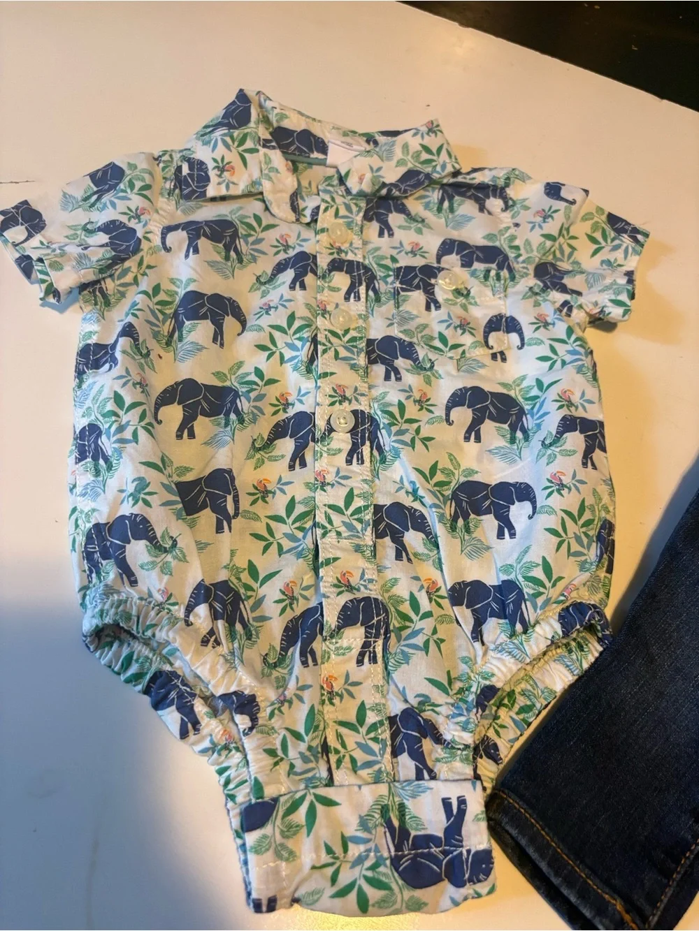 Gap Baby Outfit Set 3-6 M Short-Sleeve Elephant Button-Up Onesie - Blue/Green